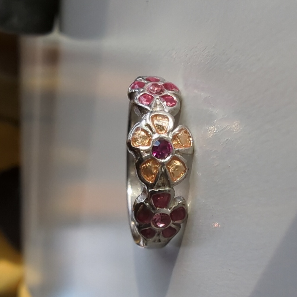 Floral Enamel Silver Tone Ring with Pink Rhinestones Size 6